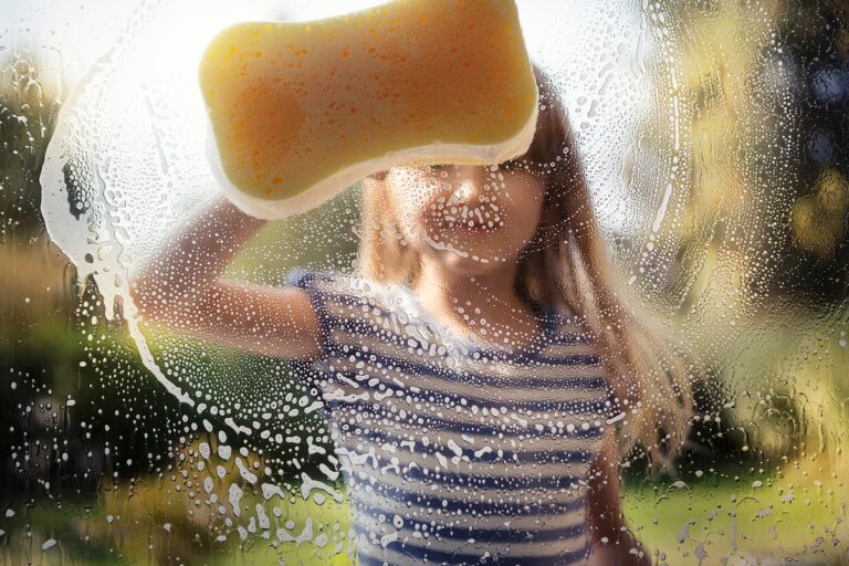 Girl washing window